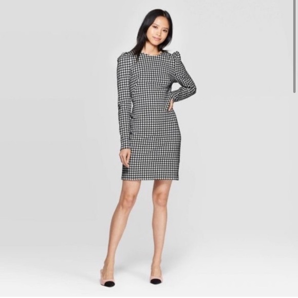 Who what wear houndstooth puff sleeve dress long sleeve structured shoulder M - Picture 1 of 3
